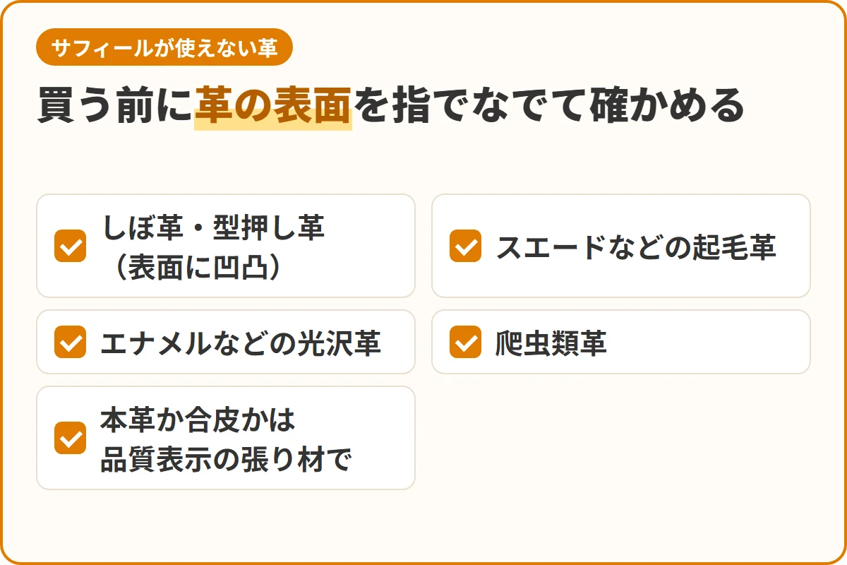 買う前に革の表面を指でなでて確かめる